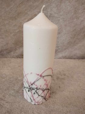 Spindelnätsljus 15x6cm rund vit med rosa/grå dekor